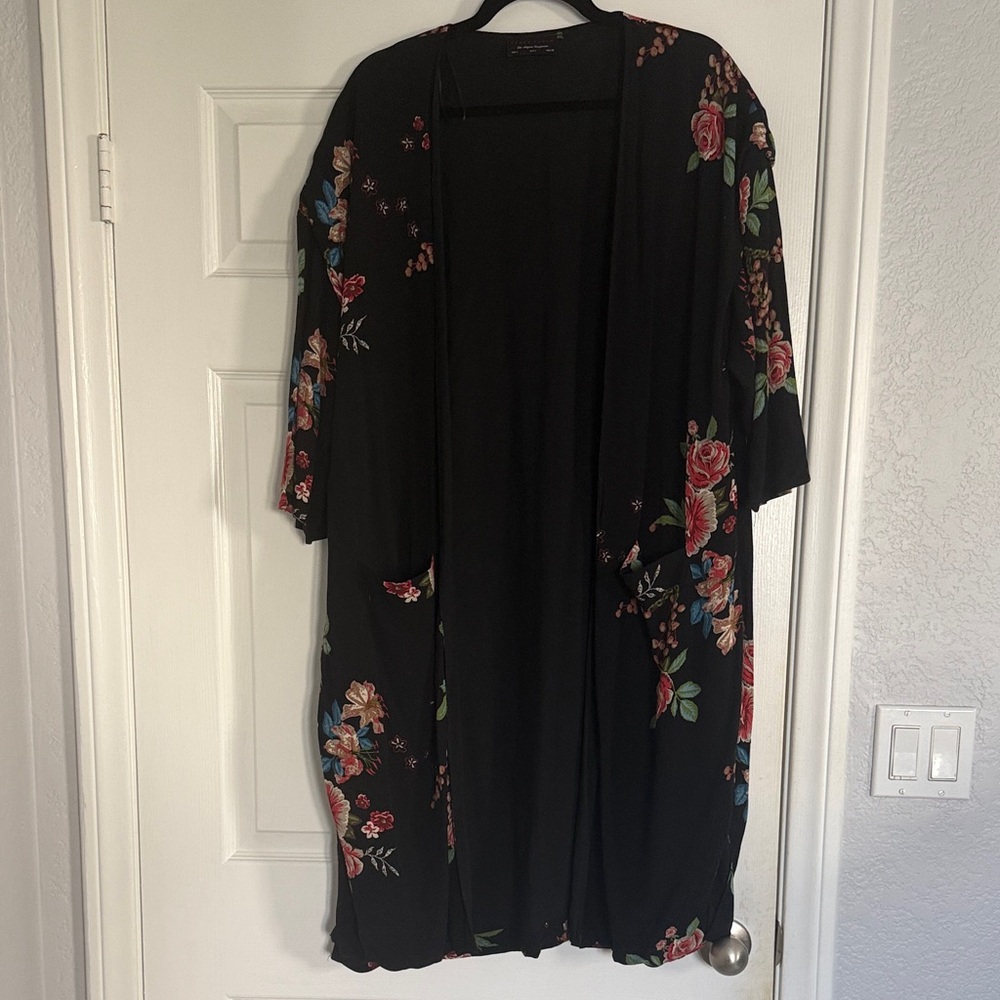 Black Floral Open Front Kimono